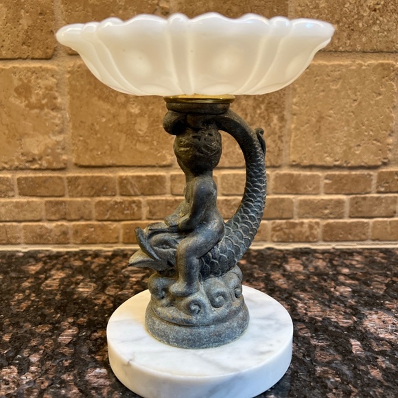 Vintage Whimsical Cherub on a Fish with Marble Base - Picture 2 of 9